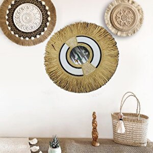 Hasır Örme Saçaklı Duvar Aynası, Beyaz, 70x70 Beyaz