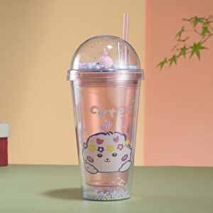 Desenli Işıklı Ve Pipetli Bardak, 450 Ml, Boncuklu Ve Kapaklı, Pembe, 20x8 Pembe