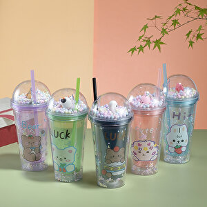 Desenli Işıklı Ve Pipetli Bardak, 450 Ml, Boncuklu Ve Kapaklı, Pembe, 20x8 Pembe