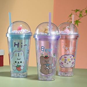 Desenli Işıklı Ve Pipetli Bardak, 450 Ml, Boncuklu Ve Kapaklı, Pembe, 20x8 Pembe