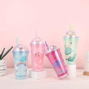 Balina Işıklı Ve Pipetli Bardak, 450 Ml, Buzlu Ve Kapaklı, Mavi, 20x8 Mavi