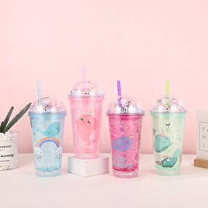 Balina Işıklı Ve Pipetli Bardak, 450 Ml, Buzlu Ve Kapaklı, Mavi, 20x8 Mavi