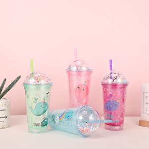Balina Işıklı Ve Pipetli Bardak, 450 Ml, Buzlu Ve Kapaklı, Mavi, 20x8