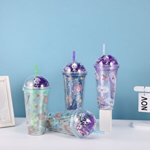 Ayıcık Işıklı Ve Pipetli Bardak, 450 Ml, Pullu Ve Kapaklı, Mavi, 20x8 Mavi
