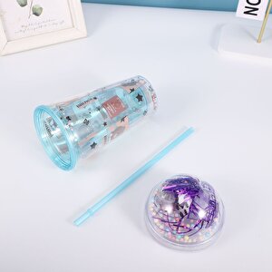 Ayıcık Işıklı Ve Pipetli Bardak, 450 Ml, Pullu Ve Kapaklı, Mor, 20x8