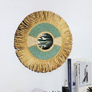 Hasır Örme Saçaklı Duvar Aynası, Yeşil, 70x70 Yeşil