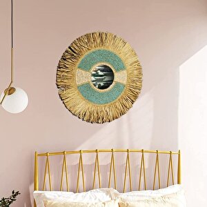Hasır Örme Saçaklı Duvar Aynası, Yeşil, 70x70 Yeşil