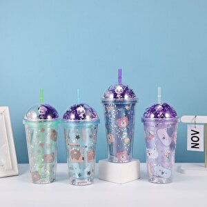 Ayıcık Işıklı Ve Pipetli Bardak, 450 Ml, Pullu Ve Kapaklı, Yeşil, 20x8 Yeşil