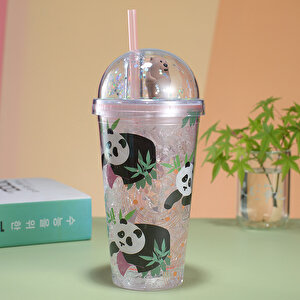 Pandacık Işıklı Ve Pipetli Bardak, 450 Ml, Buzlu Ve Kapaklı, Pembe, 20x8 Pembe