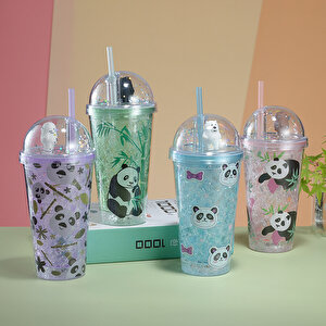 Pandacık Işıklı Ve Pipetli Bardak, 450 Ml, Buzlu Ve Kapaklı, Pembe, 20x8 Pembe