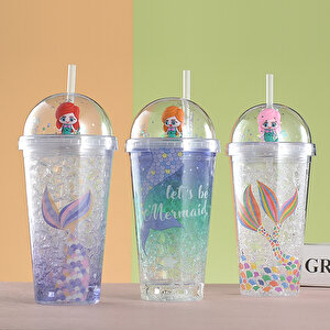 Deniz Kızı Işıklı Ve Pipetli Bardak, 450 Ml, Buzlu Ve Kapaklı, Beyaz, 20x8
