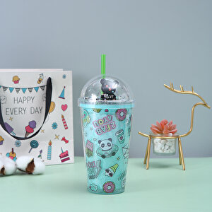 Panda Işıklı Ve Pipetli Bardak, 450 Ml, Buzlu Ve Kapaklı, Yeşil, 20x8 Yeşil