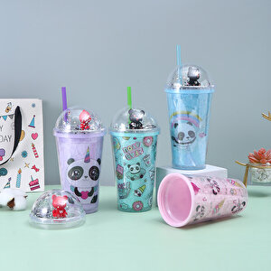 Panda Işıklı Ve Pipetli Bardak, 450 Ml, Buzlu Ve Kapaklı, Yeşil, 20x8 Yeşil