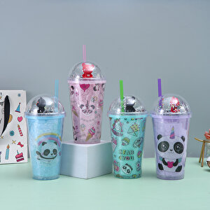 Panda Işıklı Ve Pipetli Bardak, 450 Ml, Buzlu Ve Kapaklı, Yeşil, 20x8 Yeşil