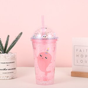 Balina Işıklı Ve Pipetli Bardak, 450 Ml, Buzlu Ve Kapaklı, Pembe, 20x8 Pembe