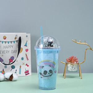 Panda Işıklı Ve Pipetli Bardak, 450 Ml, Buzlu Ve Kapaklı, Mavi, 20x8 Mavi