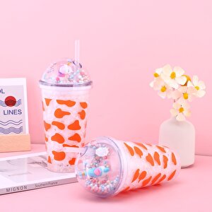 Benekli Işıklı Ve Pipetli Bardak, 450 Ml, Buzlu Ve Kapaklı, Pembe, 20x8 Pembe