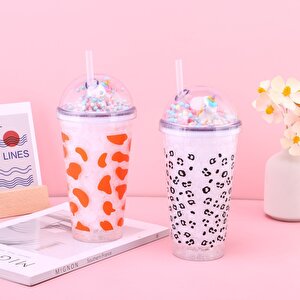 Benekli Işıklı Ve Pipetli Bardak, 450 Ml, Buzlu Ve Kapaklı, Pembe, 20x8