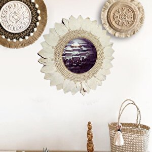 Makrome Örme Papatya Duvar Aynası, Beyaz, 100x100