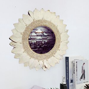 Makrome Örme Papatya Duvar Aynası, Beyaz, 100x100
