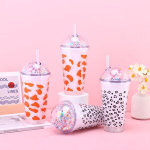 Benekli Işıklı Ve Pipetli Bardak, 450 Ml, Buzlu Ve Kapaklı, Beyaz, 20x8 Beyaz