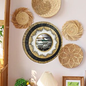 Hasır Örme Güneş Duvar Aynası, Beyaz, 70x70 Beyaz