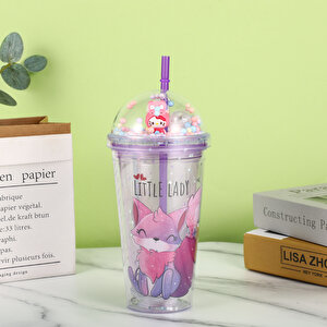 Sevimli Işıklı Ve Pipetli Bardak, 450 Ml, Pullu Ve Kapaklı, Mor, 20x8 Mor