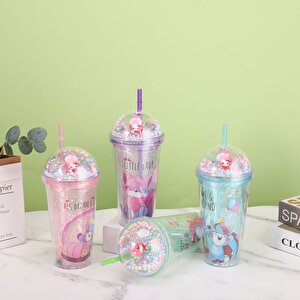 Sevimli Işıklı Ve Pipetli Bardak, 450 Ml, Pullu Ve Kapaklı, Mor, 20x8