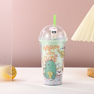 Dinozor Işıklı Ve Pipetli Bardak, 450 Ml, Boncuklu Ve Kapaklı, Yeşil, 20x8 Yeşil