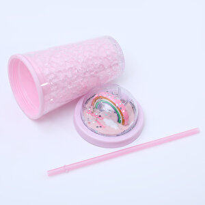 Aşk Işıklı Ve Pipetli Bardak, 450 Ml, Buzlu Ve Kapaklı, Pembe, 20x8