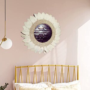Makrome Örme Papatya Duvar Aynası, Beyaz, 75x75