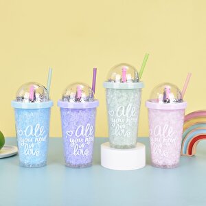 Aşk Işıklı Ve Pipetli Bardak, 450 Ml, Buzlu Ve Kapaklı, Mavi, 20x8