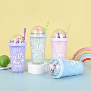 Aşk Işıklı Ve Pipetli Bardak, 450 Ml, Buzlu Ve Kapaklı, Mavi, 20x8