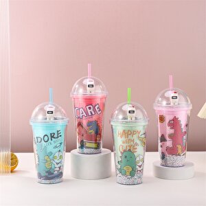 Dinozor Işıklı Ve Pipetli Bardak, 450 Ml, Boncuklu Ve Kapaklı, Kırmızı, 20x8 Kırmızı