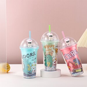 Dinozor Işıklı Ve Pipetli Bardak, 450 Ml, Boncuklu Ve Kapaklı, Kırmızı, 20x8 Kırmızı