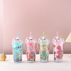 Dinozor Işıklı Ve Pipetli Bardak, 450 Ml, Boncuklu Ve Kapaklı, Kırmızı, 20x8