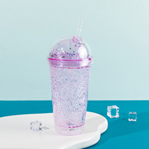 Yazılı Işıklı Ve Pipetli Bardak, 450 Ml, Buzlu Ve Kapaklı, Mor, 20x8 Mor
