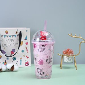 Panda Işıklı Ve Pipetli Bardak, 450 Ml, Buzlu Ve Kapaklı, Pembe, 20x8 Pembe