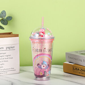 Sevimli Işıklı Ve Pipetli Bardak, 450 Ml, Pullu Ve Kapaklı, Pembe, 20x8 Pembe