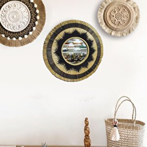 Hasır Örme Güneş Duvar Aynası, Siyah, 70x70