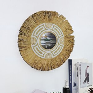 Hasır Örme Etnik Duvar Aynası, Beyaz, 70x70 Beyaz