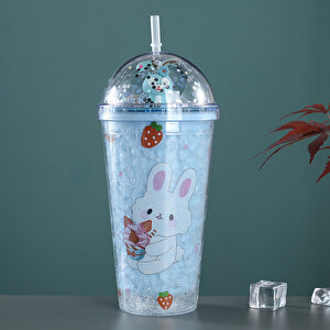 Tavşan Işıklı Ve Pipetli Bardak, 450 Ml, Buzlu Ve Kapaklı, Mavi, 20x8 Mavi