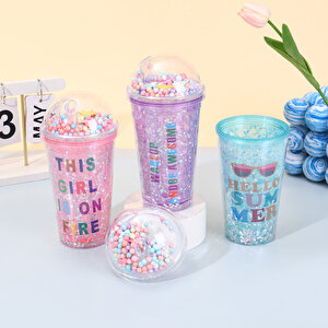 Sloganlı Işıklı Ve Pipetli Bardak, 450 Ml, Buzlu Ve Kapaklı, Pembe, 20x8 Pembe