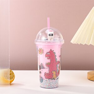 Dinozor Işıklı Ve Pipetli Bardak, 450 Ml, Boncuklu Ve Kapaklı, Pembe, 20x8 Pembe