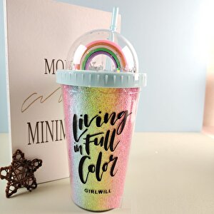 Renkli Işıklı Ve Pipetli Bardak, 450 Ml, Pullu Ve Kapaklı, Mavi, 20x8 Mavi