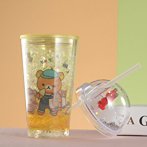 Ayıcıklar Işıklı Ve Pipetli Bardak, 450 Ml, Buzlu Ve Kapaklı, Mavi, 20x8