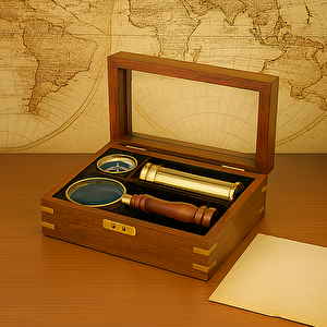 Ahşap Kutulu Büyüteç, Dürbün, Pusula Seti, Pirinç, 17x13