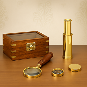 Ahşap Kutulu Büyüteç, Dürbün, Pusula Seti, Pirinç, 17x13