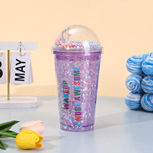 Sloganlı Işıklı Ve Pipetli Bardak, 450 Ml, Buzlu Ve Kapaklı, Mor, 20x8 Mor