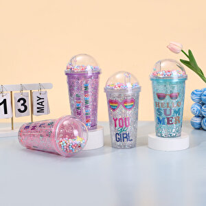 Sloganlı Işıklı Ve Pipetli Bardak, 450 Ml, Buzlu Ve Kapaklı, Mor, 20x8 Mor